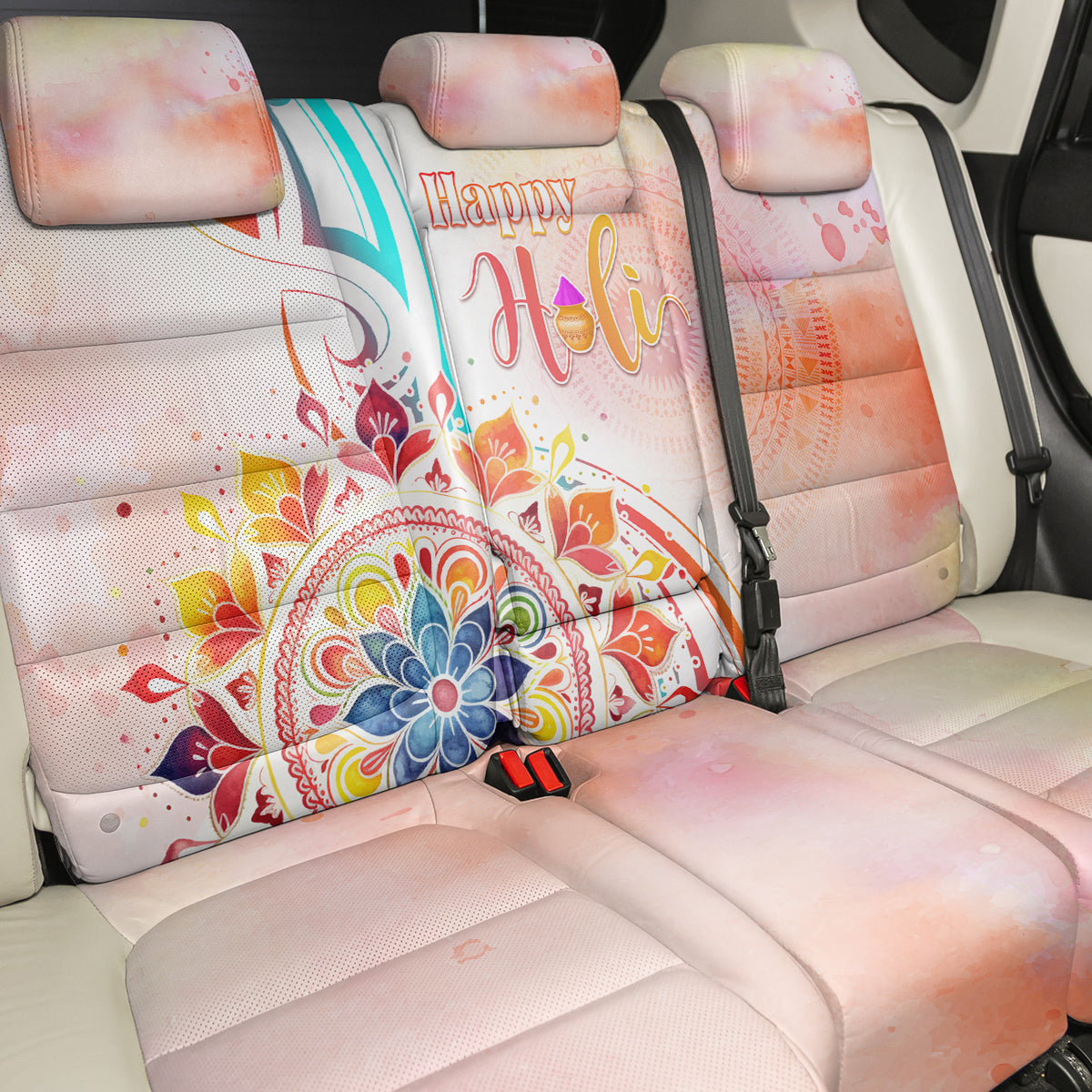 Happy Holi Festival Back Car Seat Cover Rangoli With Polynesian Pattern LT05 - Polynesian Pride