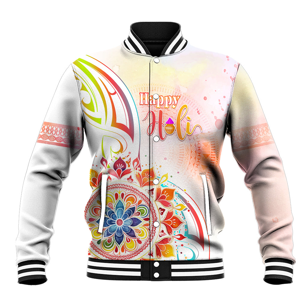 Happy Holi Festival Baseball Jacket Rangoli With Polynesian Pattern LT05 Unisex White - Polynesian Pride