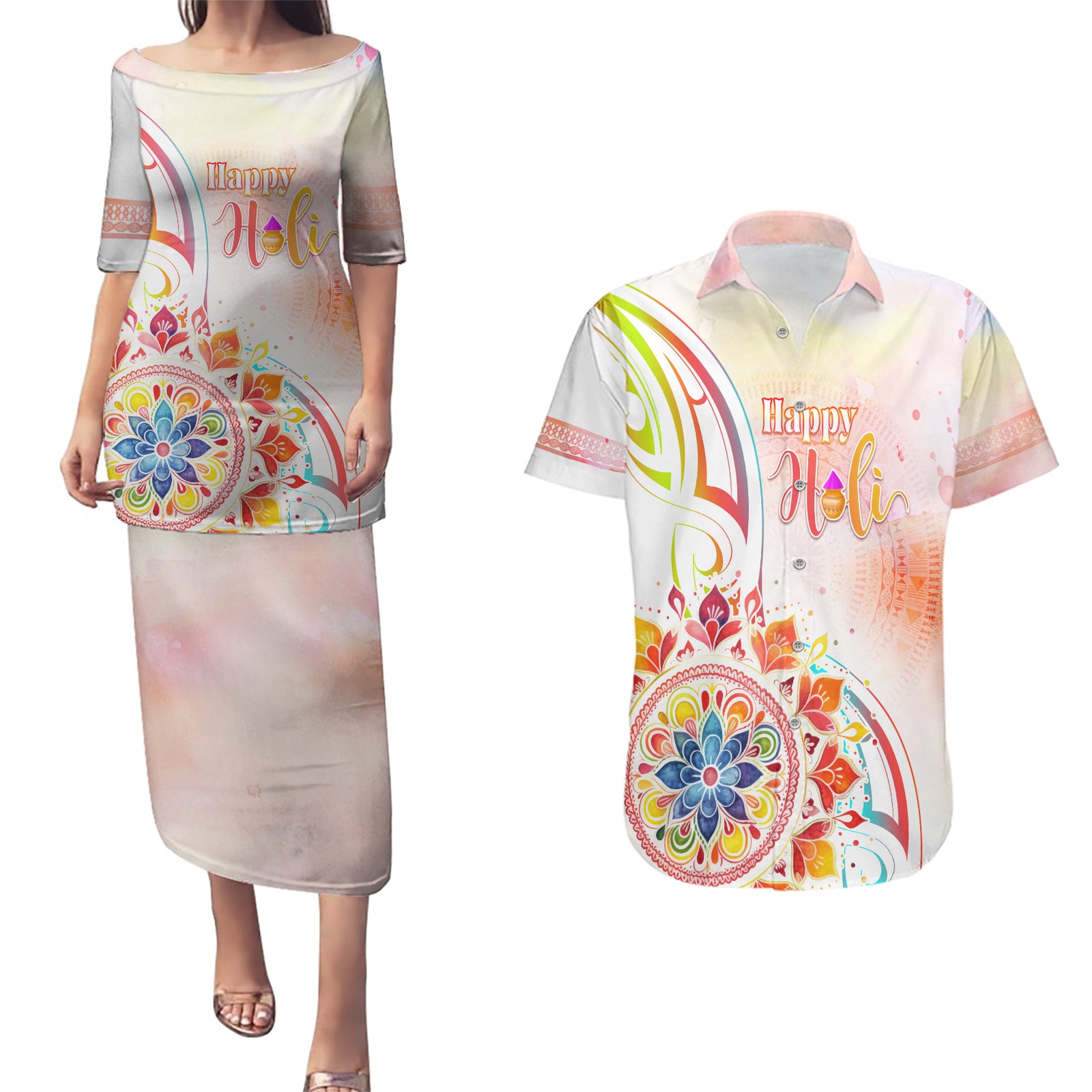 Happy Holi Festival Couples Matching Puletasi and Hawaiian Shirt Rangoli With Polynesian Pattern LT05 White - Polynesian Pride