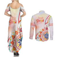 Happy Holi Festival Couples Matching Summer Maxi Dress and Long Sleeve Button Shirt Rangoli With Polynesian Pattern LT05 - Polynesian Pride