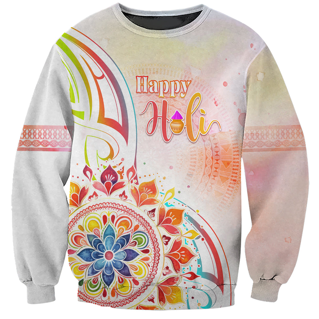 Happy Holi Festival Sweatshirt Rangoli With Polynesian Pattern LT05 Unisex White - Polynesian Pride