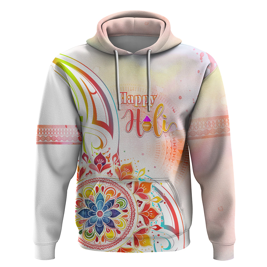 Happy Holi Festival Zip Hoodie Rangoli With Polynesian Pattern LT05 Pullover Hoodie White - Polynesian Pride
