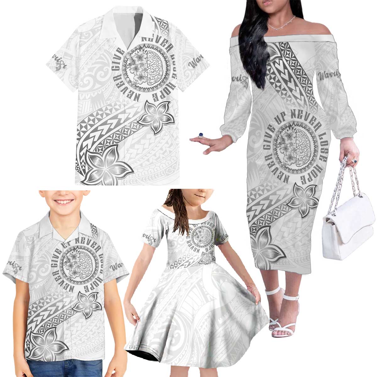 Brain Cancer Warrior Family Matching Off The Shoulder Long Sleeve Dress and Hawaiian Shirt Never Give Up LT05 - Polynesian Pride