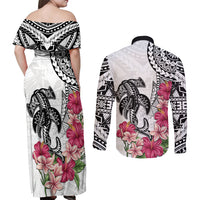 White Polynesian Hammerhead Shark Tribal Pattern Couples Matching Off Shoulder Maxi Dress and Long Sleeve Button Shirt LT05 - Polynesian Pride