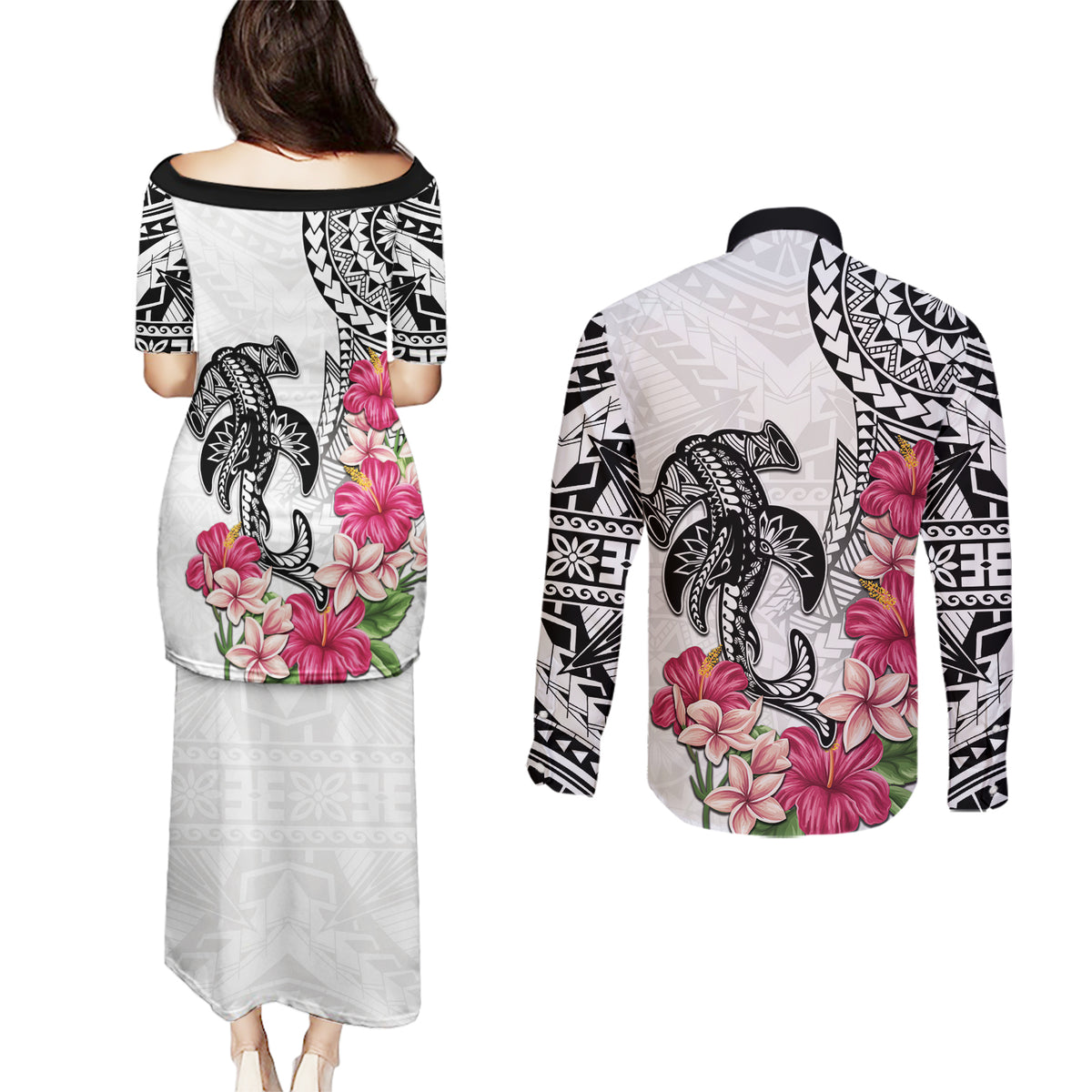 White Polynesian Hammerhead Shark Tribal Pattern Couples Matching Puletasi and Long Sleeve Button Shirt