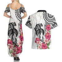 White Polynesian Hammerhead Shark Tribal Pattern Couples Matching Summer Maxi Dress and Hawaiian Shirt