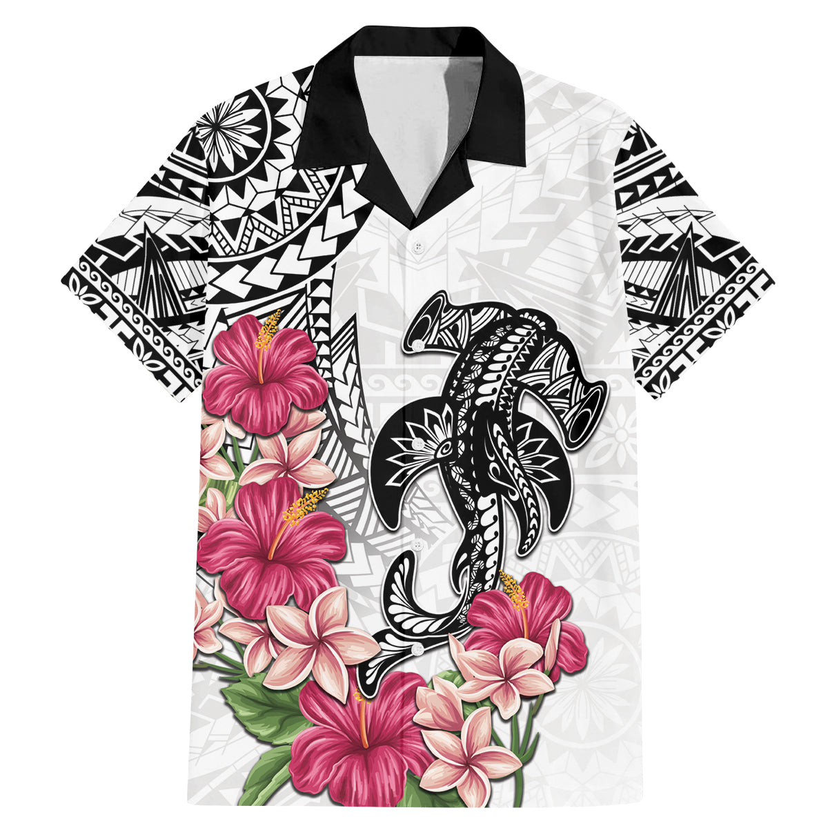 White Polynesian Hammerhead Shark Tribal Pattern Family Matching Mermaid Dress and Hawaiian Shirt LT05 Dad's Shirt - Short Sleeve White - Polynesian Pride
