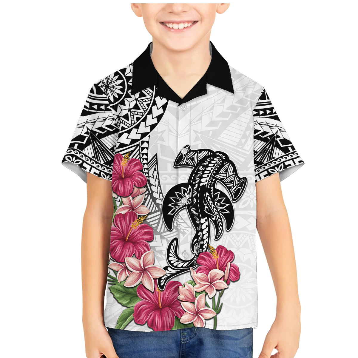 White Polynesian Hammerhead Shark Tribal Pattern Family Matching Mermaid Dress and Hawaiian Shirt LT05 Son's Shirt White - Polynesian Pride