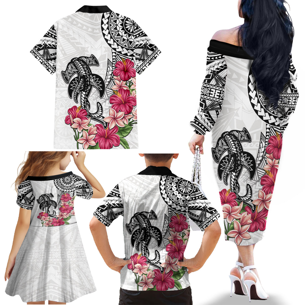 White Polynesian Hammerhead Shark Tribal Pattern Family Matching Off The Shoulder Long Sleeve Dress and Hawaiian Shirt LT05 - Polynesian Pride