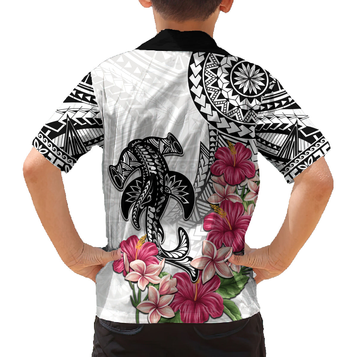 White Polynesian Hammerhead Shark Tribal Pattern Family Matching Tank Maxi Dress and Hawaiian Shirt LT05 - Polynesian Pride