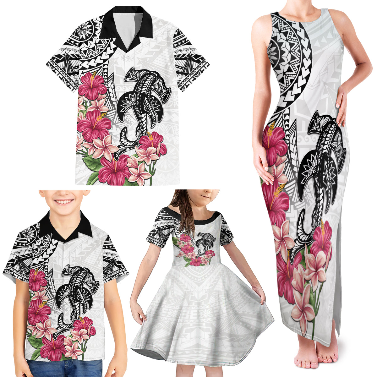 White Polynesian Hammerhead Shark Tribal Pattern Family Matching Tank Maxi Dress and Hawaiian Shirt LT05 - Polynesian Pride