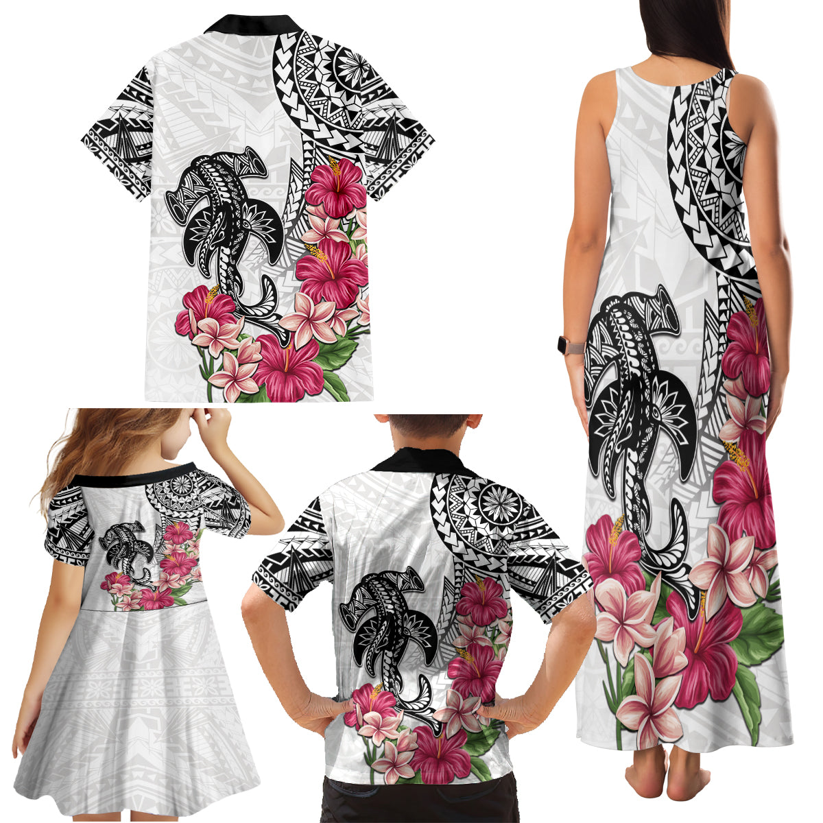 White Polynesian Hammerhead Shark Tribal Pattern Family Matching Tank Maxi Dress and Hawaiian Shirt LT05 - Polynesian Pride