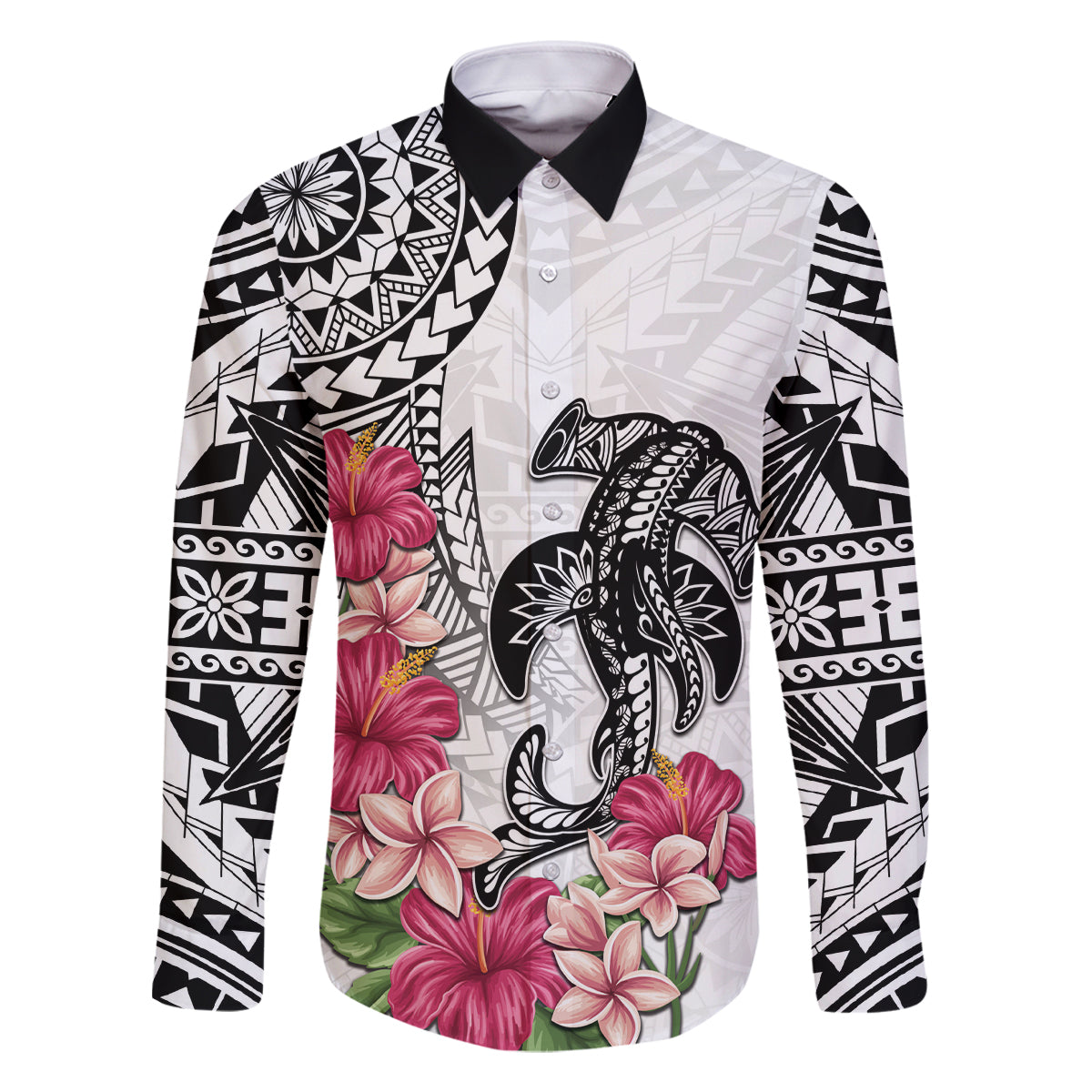 White Polynesian Hammerhead Shark Tribal Pattern Family Matching Tank Maxi Dress and Hawaiian Shirt LT05 Dad's Shirt - Long Sleeve White - Polynesian Pride