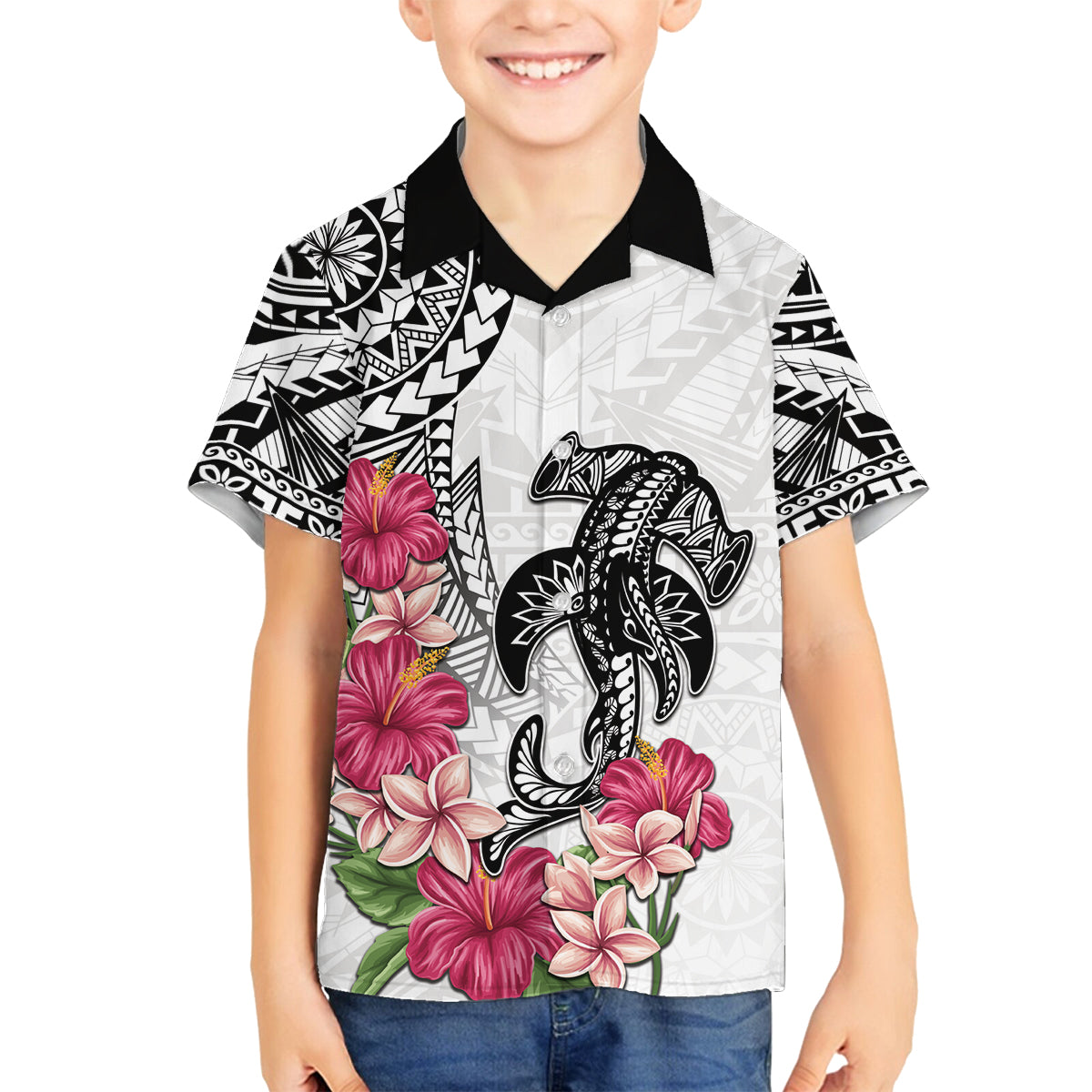 White Polynesian Hammerhead Shark Tribal Pattern Family Matching Tank Maxi Dress and Hawaiian Shirt LT05 Son's Shirt White - Polynesian Pride