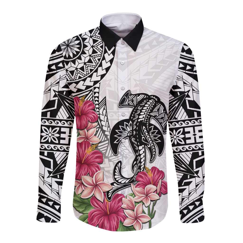 White Polynesian Hammerhead Shark Tribal Pattern Long Sleeve Button Shirt LT05 Unisex White - Polynesian Pride