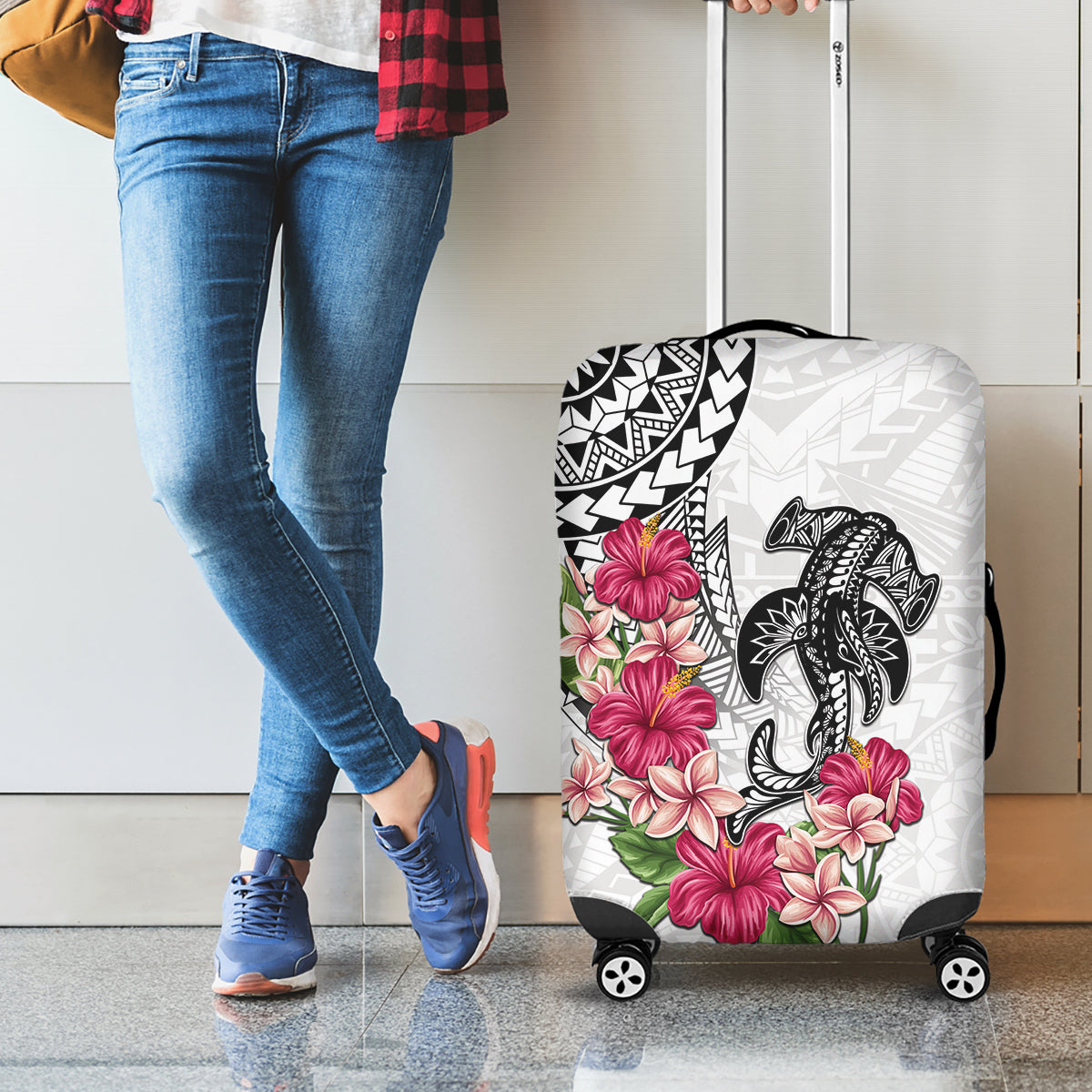 White Polynesian Hammerhead Shark Tribal Pattern Luggage Cover