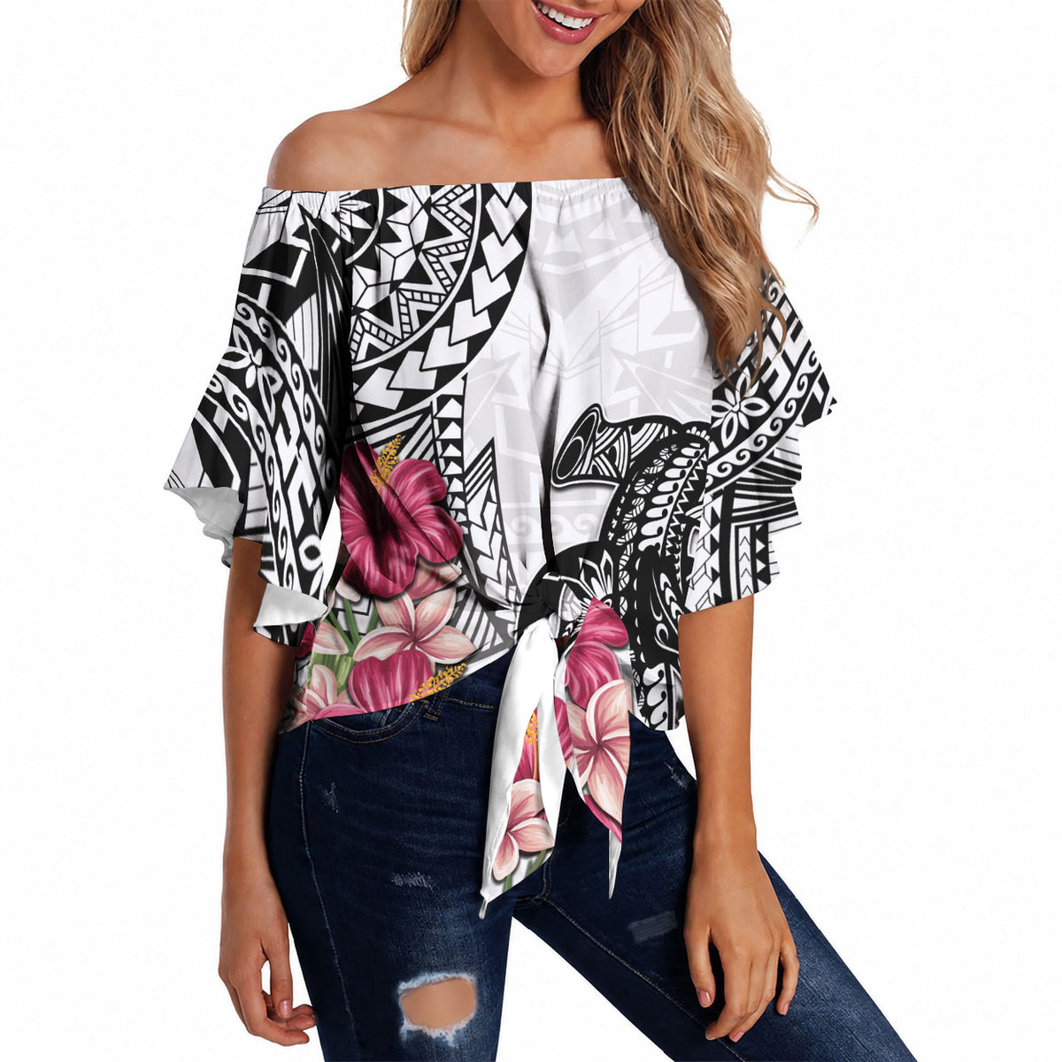 White Polynesian Hammerhead Shark Tribal Pattern Off Shoulder Wrap Waist Top LT05 - Polynesian Pride