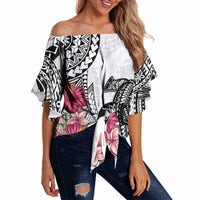 White Polynesian Hammerhead Shark Tribal Pattern Off Shoulder Wrap Waist Top LT05 - Polynesian Pride