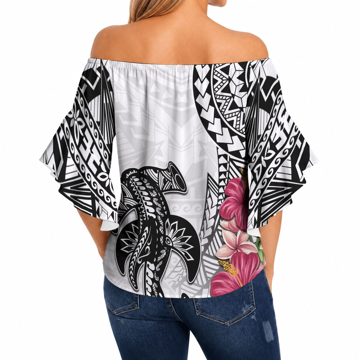 White Polynesian Hammerhead Shark Tribal Pattern Off Shoulder Wrap Waist Top LT05 - Polynesian Pride