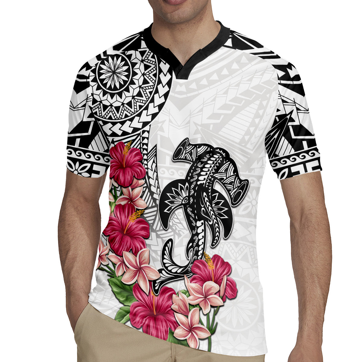 White Polynesian Hammerhead Shark Tribal Pattern Rugby Jersey