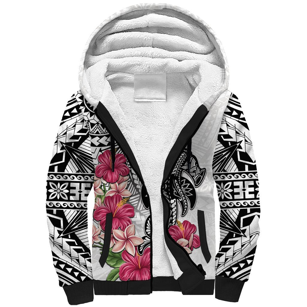 White Polynesian Hammerhead Shark Tribal Pattern Sherpa Hoodie LT05 Unisex White - Polynesian Pride