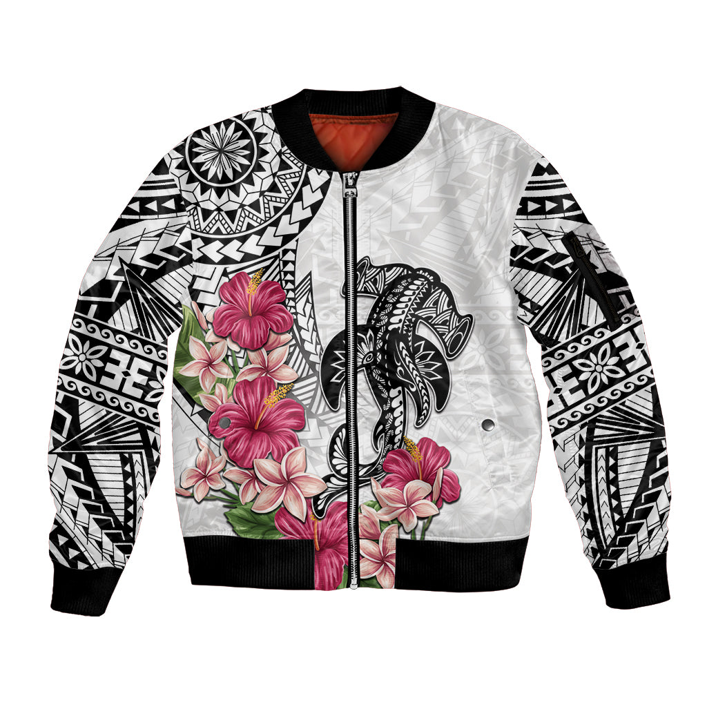 White Polynesian Hammerhead Shark Tribal Pattern Sleeve Zip Bomber Jacket LT05 Unisex White - Polynesian Pride
