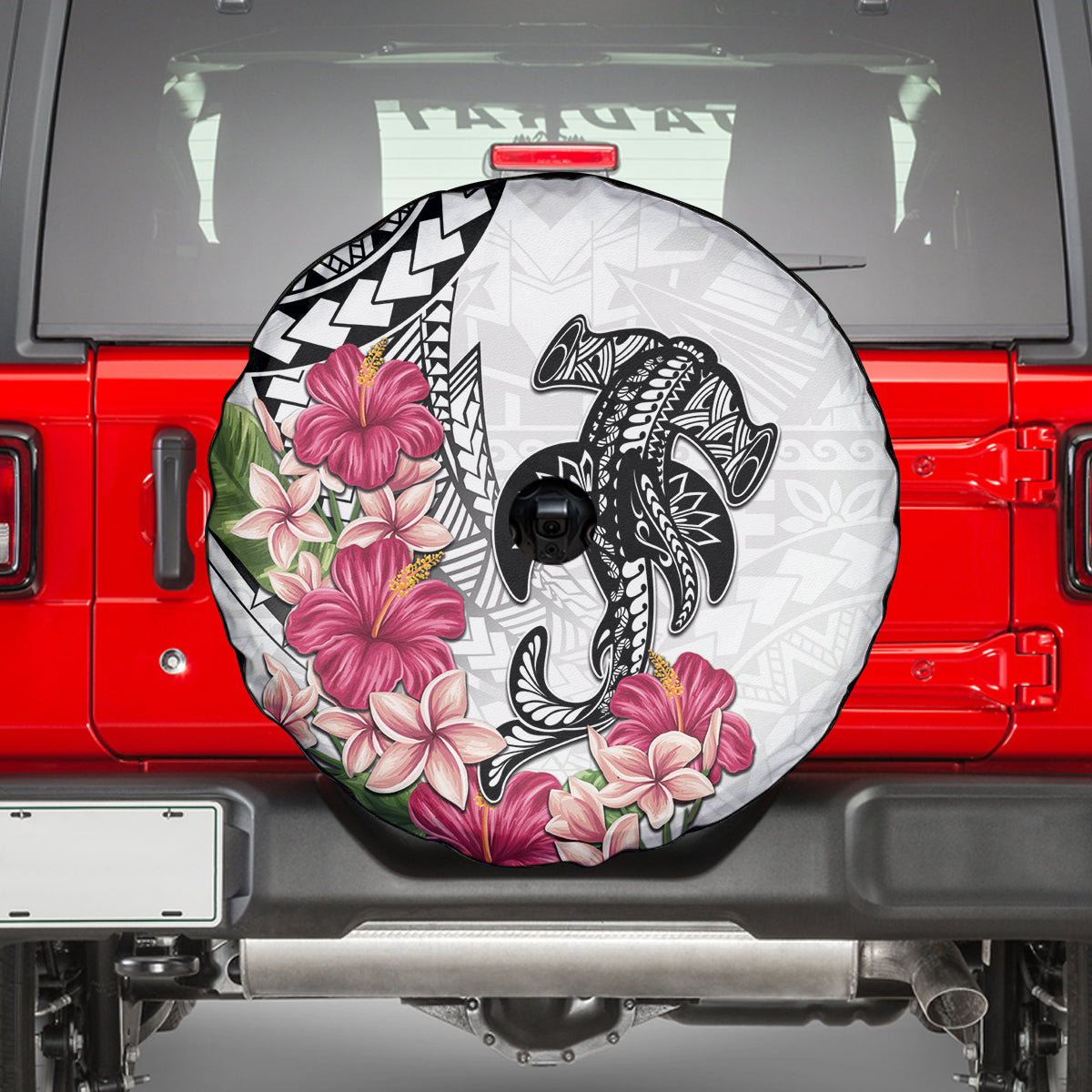 White Polynesian Hammerhead Shark Tribal Pattern Spare Tire Cover