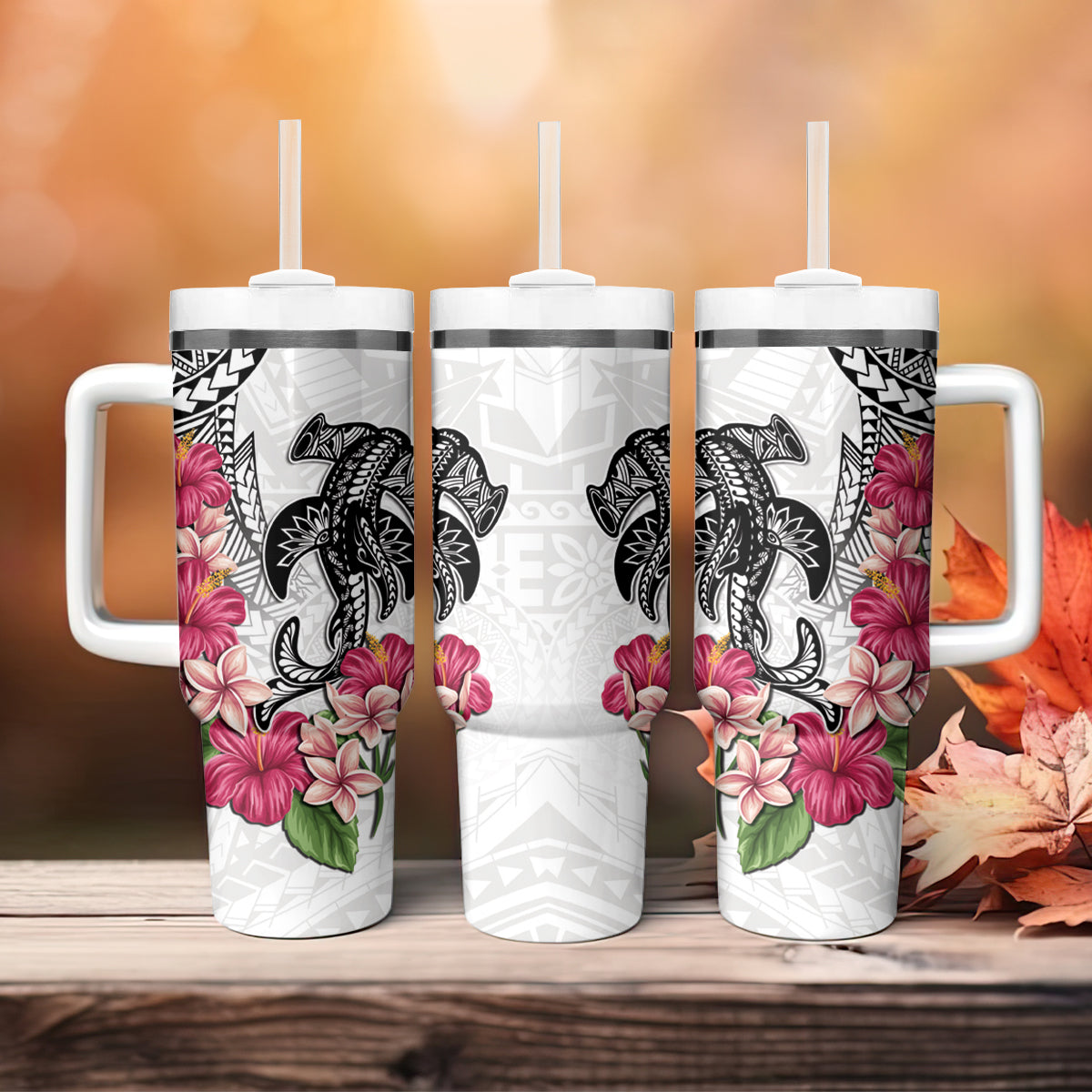 White Polynesian Hammerhead Shark Tribal Pattern Tumbler With Handle