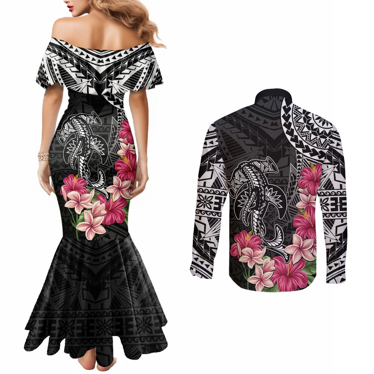Black Polynesian Hammerhead Shark Tribal Pattern Couples Matching Mermaid Dress and Long Sleeve Button Shirt