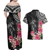 Black Polynesian Hammerhead Shark Tribal Pattern Couples Matching Off Shoulder Maxi Dress and Hawaiian Shirt LT05 - Polynesian Pride