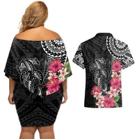 Black Polynesian Hammerhead Shark Tribal Pattern Couples Matching Off Shoulder Short Dress and Hawaiian Shirt