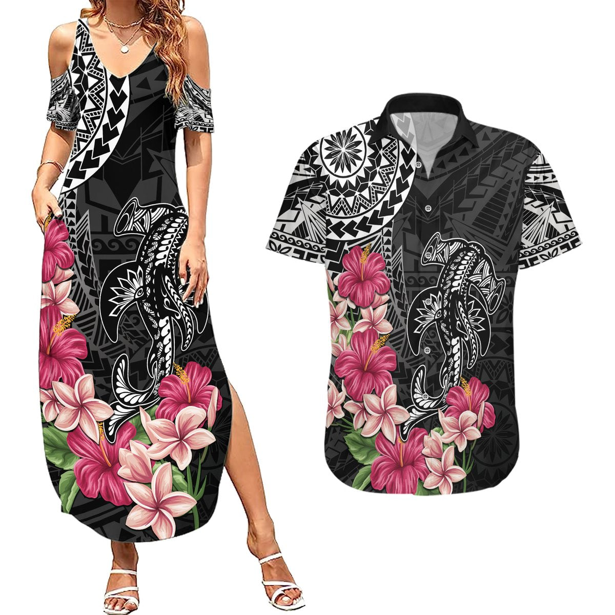 Black Polynesian Hammerhead Shark Tribal Pattern Couples Matching Summer Maxi Dress and Hawaiian Shirt
