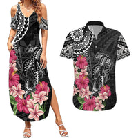 Black Polynesian Hammerhead Shark Tribal Pattern Couples Matching Summer Maxi Dress and Hawaiian Shirt