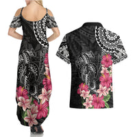 Black Polynesian Hammerhead Shark Tribal Pattern Couples Matching Summer Maxi Dress and Hawaiian Shirt
