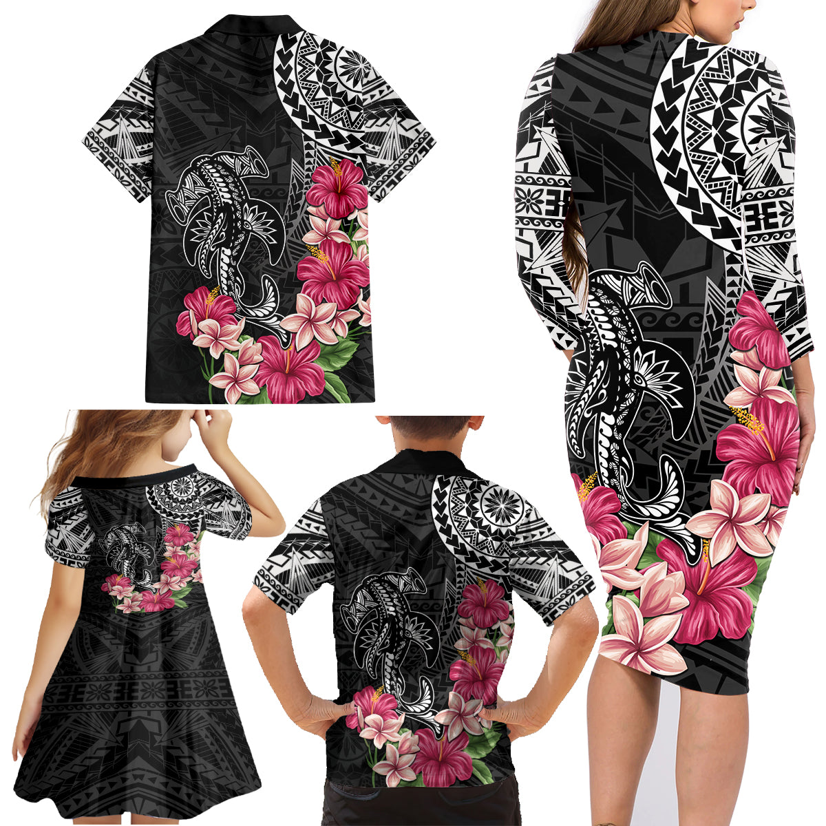 Black Polynesian Hammerhead Shark Tribal Pattern Family Matching Long Sleeve Bodycon Dress and Hawaiian Shirt LT05 - Polynesian Pride