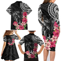Black Polynesian Hammerhead Shark Tribal Pattern Family Matching Long Sleeve Bodycon Dress and Hawaiian Shirt LT05 - Polynesian Pride