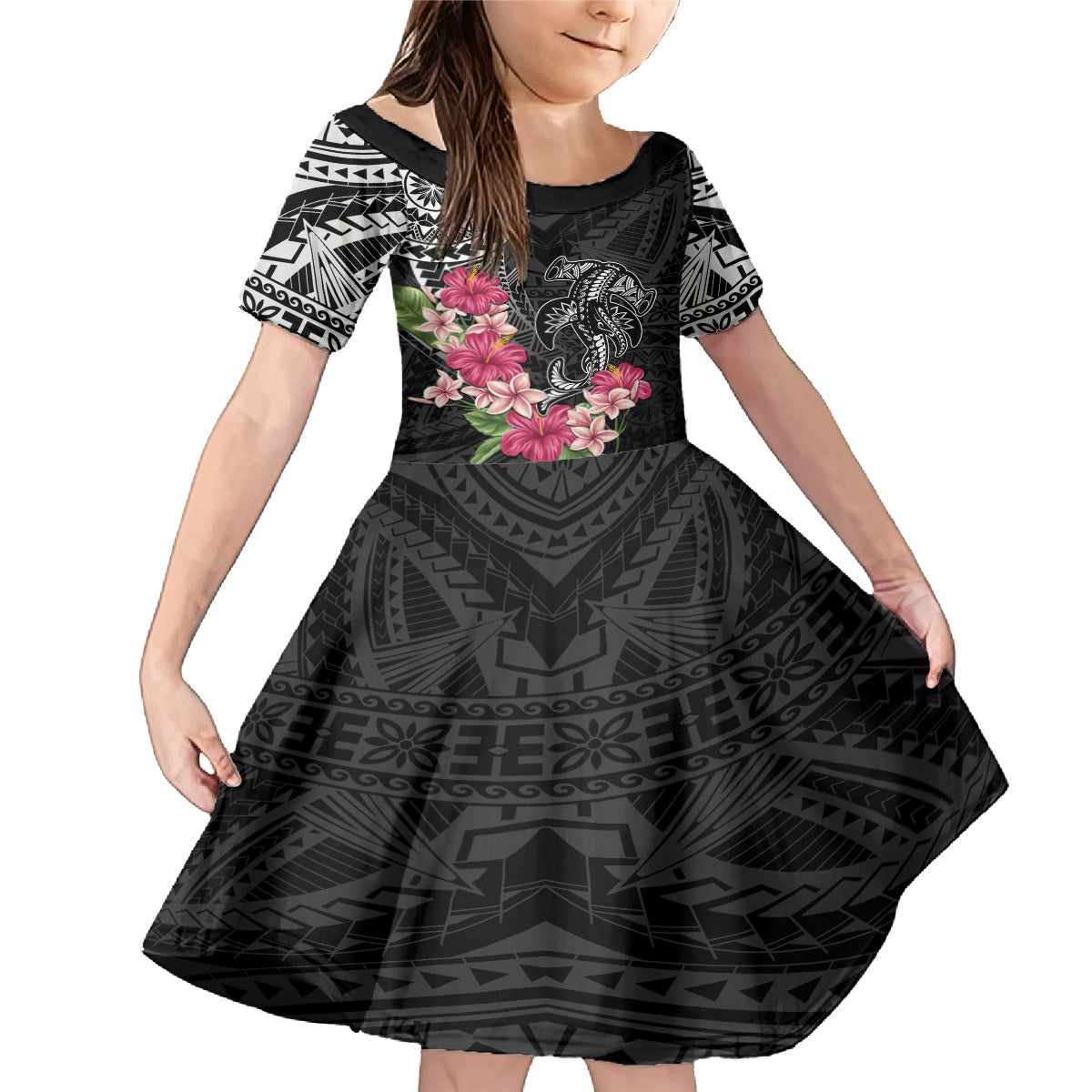 Black Polynesian Hammerhead Shark Tribal Pattern Family Matching Mermaid Dress and Hawaiian Shirt LT05 Daughter's Dress Black - Polynesian Pride