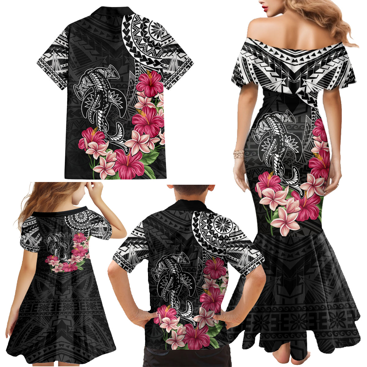 Black Polynesian Hammerhead Shark Tribal Pattern Family Matching Mermaid Dress and Hawaiian Shirt LT05 - Polynesian Pride