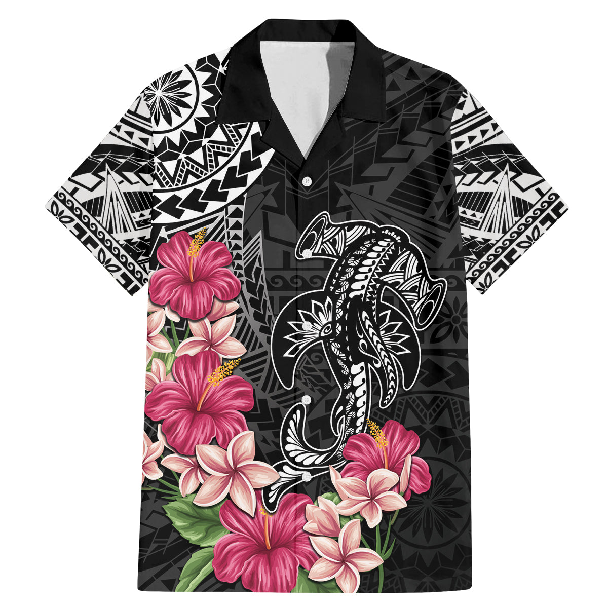 Black Polynesian Hammerhead Shark Tribal Pattern Family Matching Mermaid Dress and Hawaiian Shirt LT05 Dad's Shirt - Short Sleeve Black - Polynesian Pride