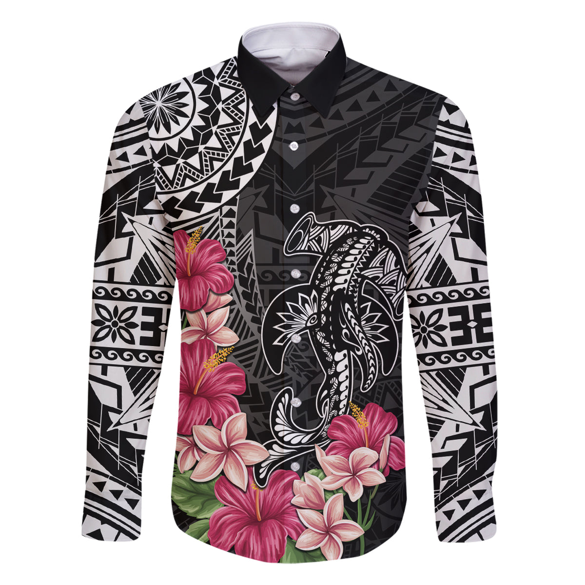 Black Polynesian Hammerhead Shark Tribal Pattern Family Matching Mermaid Dress and Hawaiian Shirt LT05 Dad's Shirt - Long Sleeve Black - Polynesian Pride