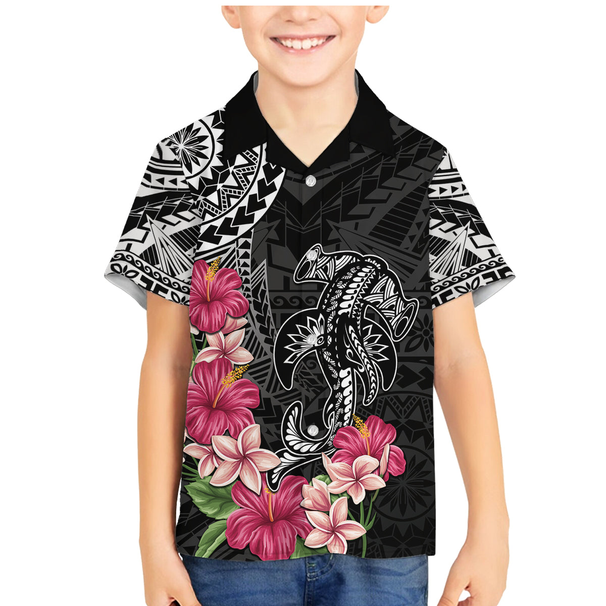 Black Polynesian Hammerhead Shark Tribal Pattern Family Matching Mermaid Dress and Hawaiian Shirt LT05 Son's Shirt Black - Polynesian Pride