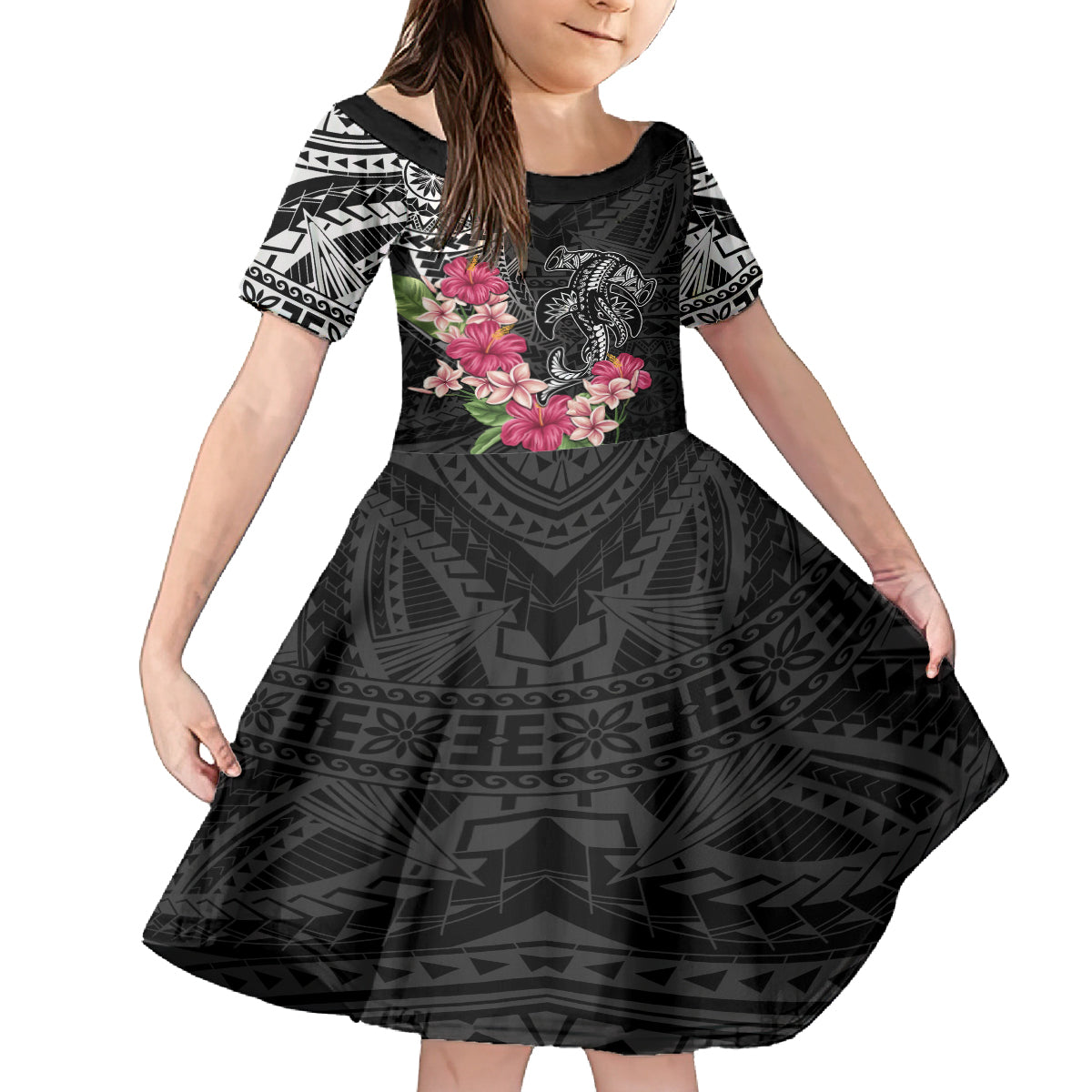 Black Polynesian Hammerhead Shark Tribal Pattern Family Matching Off The Shoulder Long Sleeve Dress and Hawaiian Shirt LT05 Daughter's Dress Black - Polynesian Pride