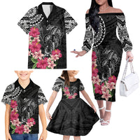 Black Polynesian Hammerhead Shark Tribal Pattern Family Matching Off The Shoulder Long Sleeve Dress and Hawaiian Shirt LT05 - Polynesian Pride