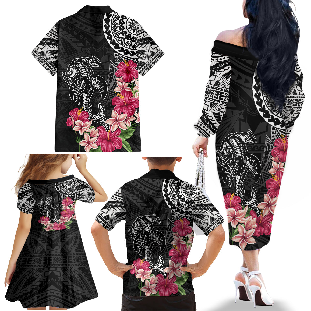 Black Polynesian Hammerhead Shark Tribal Pattern Family Matching Off The Shoulder Long Sleeve Dress and Hawaiian Shirt LT05 - Polynesian Pride