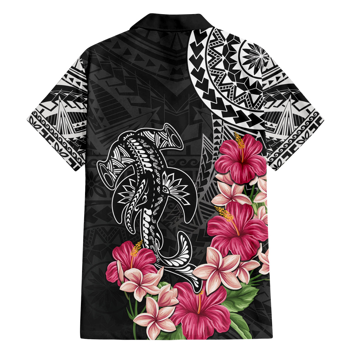 Black Polynesian Hammerhead Shark Tribal Pattern Family Matching Off The Shoulder Long Sleeve Dress and Hawaiian Shirt LT05 - Polynesian Pride