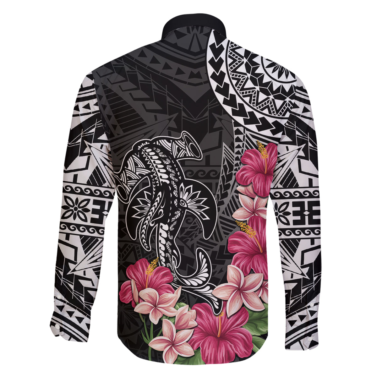 Black Polynesian Hammerhead Shark Tribal Pattern Family Matching Off The Shoulder Long Sleeve Dress and Hawaiian Shirt LT05 - Polynesian Pride