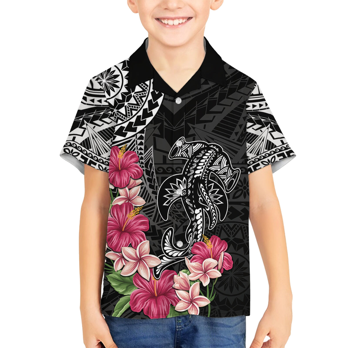 Black Polynesian Hammerhead Shark Tribal Pattern Family Matching Off The Shoulder Long Sleeve Dress and Hawaiian Shirt LT05 Son's Shirt Black - Polynesian Pride