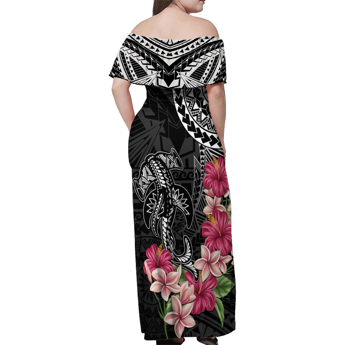 Black Polynesian Hammerhead Shark Tribal Pattern Family Matching Off Shoulder Maxi Dress and Hawaiian Shirt LT05 - Polynesian Pride