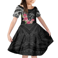 Black Polynesian Hammerhead Shark Tribal Pattern Family Matching Off Shoulder Short Dress and Hawaiian Shirt LT05 Daughter's Dress Black - Polynesian Pride