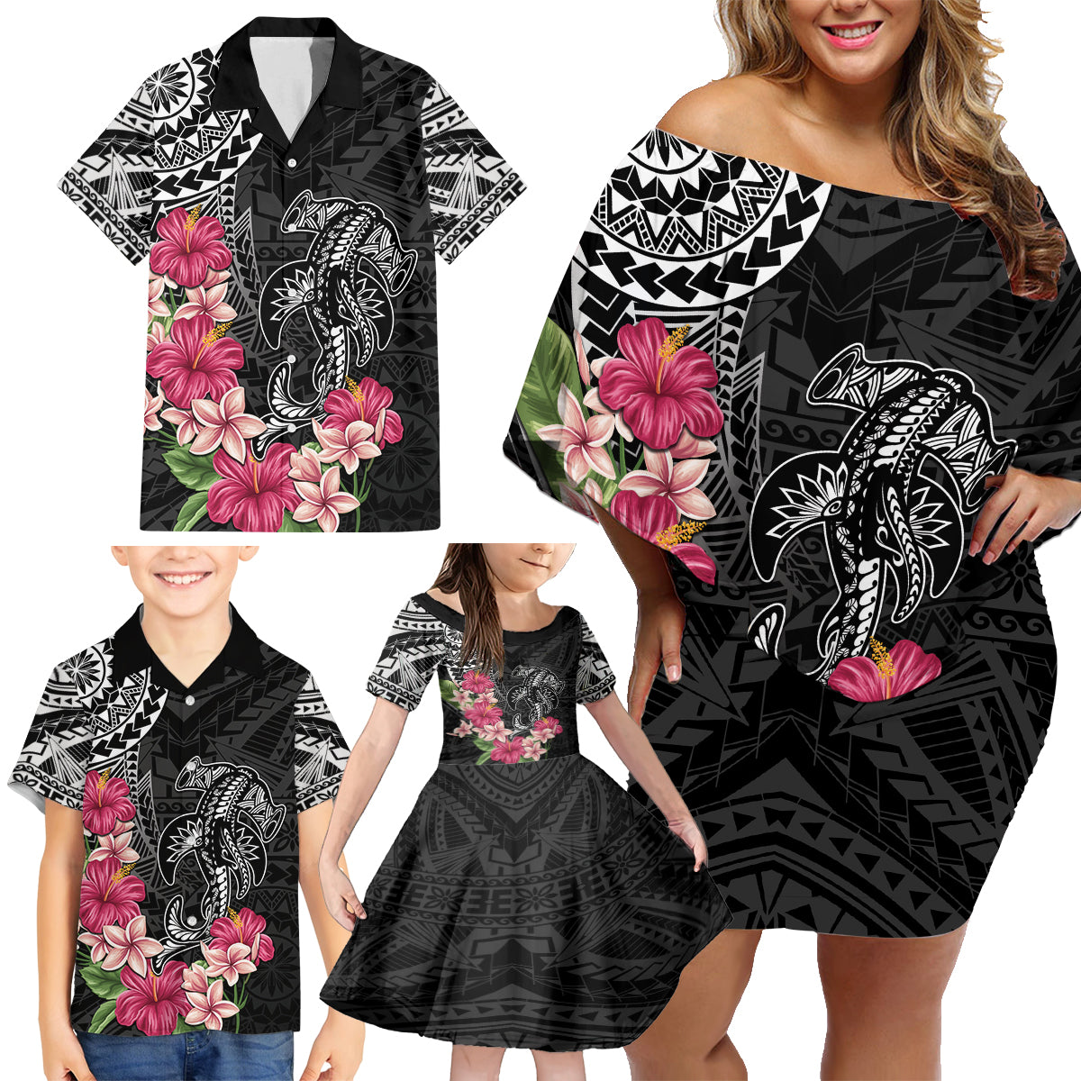 Black Polynesian Hammerhead Shark Tribal Pattern Family Matching Off Shoulder Short Dress and Hawaiian Shirt LT05 - Polynesian Pride